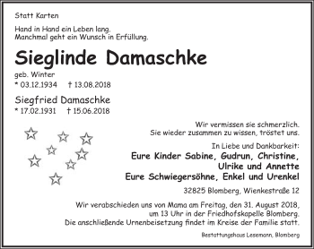 Anzeige  Sieglinde Damaschke  Lippische Landes-Zeitung