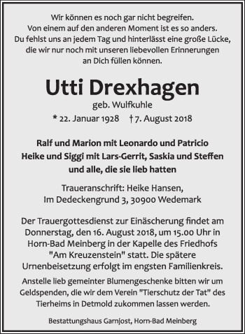 Anzeige  Utti Drexhagen  Lippische Landes-Zeitung