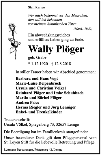 Anzeige  Wally Plöger  Lippische Landes-Zeitung