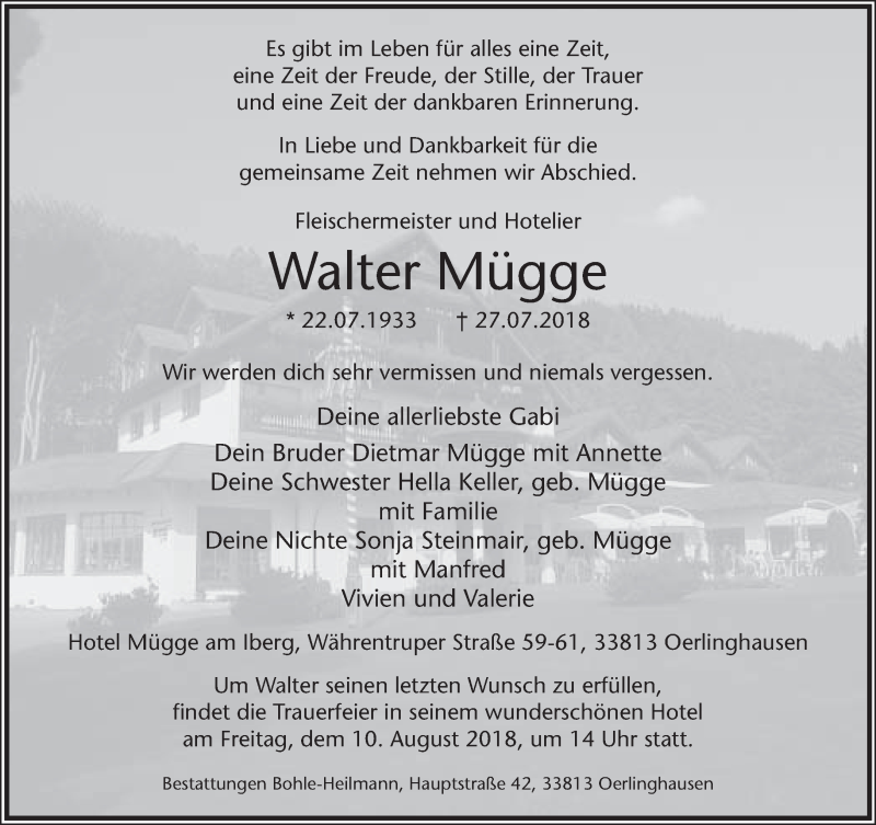  Traueranzeige für Walter Mügge vom 01.08.2018 aus Lippische Landes-Zeitung