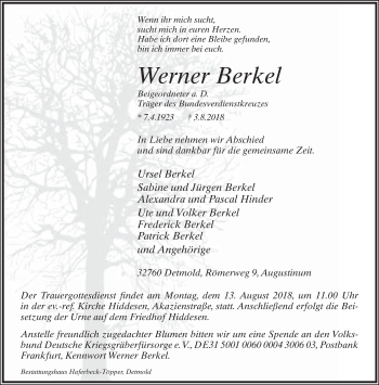 Anzeige  Werner Berkel  Lippische Landes-Zeitung