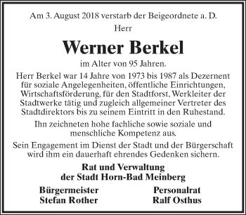 Anzeige  Werner Berkel  Lippische Landes-Zeitung