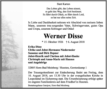 Anzeige  Werner Disse  Lippische Landes-Zeitung