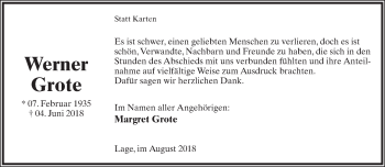Anzeige  Werner Grote  Lippische Landes-Zeitung