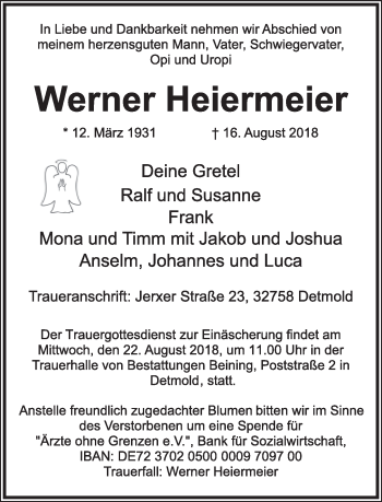 Anzeige  Werner Heiermeier  Lippische Landes-Zeitung