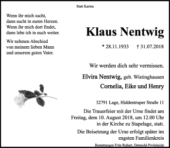 Anzeige  Klaus Nentwig  Lippische Landes-Zeitung
