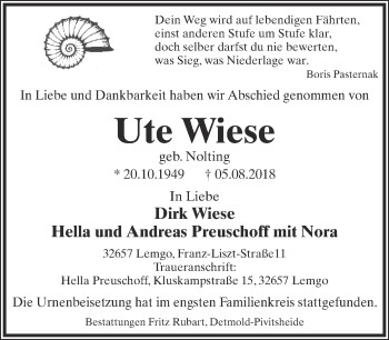 Anzeige  Ute Wiese  Lippische Landes-Zeitung