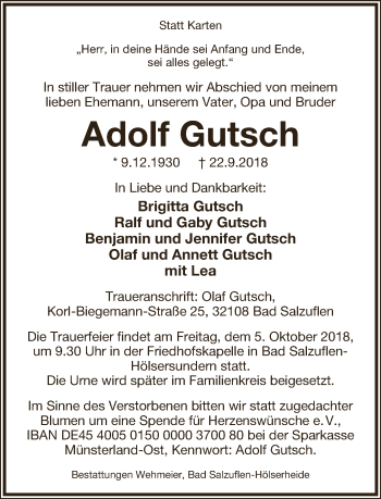 Anzeige  Adolf Gutsch  Lippische Landes-Zeitung