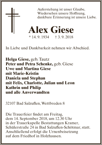 Anzeige  Alex Giese  Lippische Landes-Zeitung