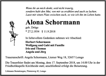 Anzeige  Alona Schormann  Lippische Landes-Zeitung