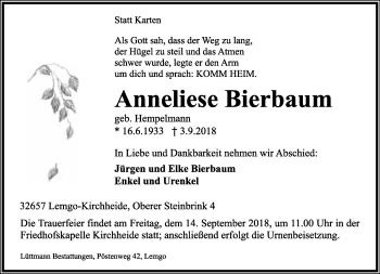 Anzeige  Anneliese Bierbaum  Lippische Landes-Zeitung