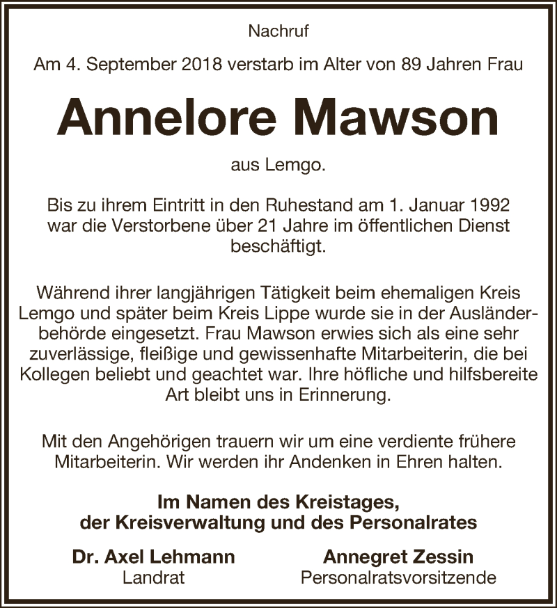  Traueranzeige für Annelore Mawson vom 20.09.2018 aus Lippische Landes-Zeitung