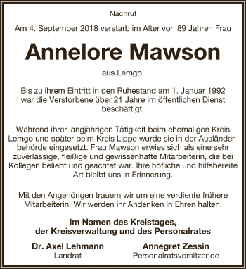 Anzeige  Annelore Mawson  Lippische Landes-Zeitung