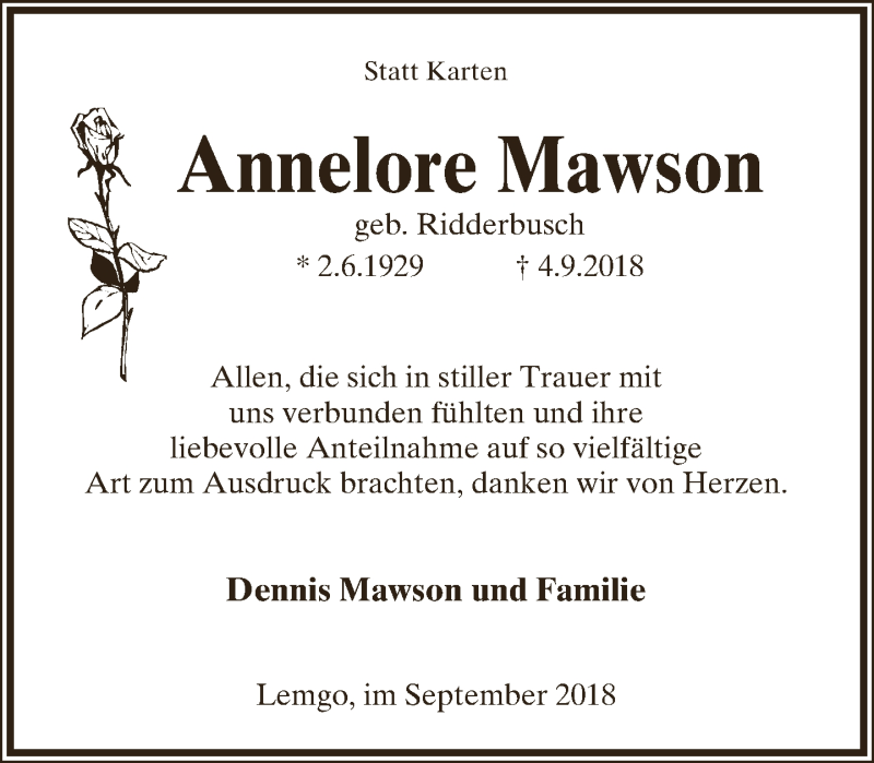  Traueranzeige für Annelore Mawson vom 29.09.2018 aus Lippische Landes-Zeitung