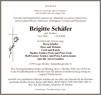 Anzeige  Brigitte Schäfer  Lippische Landes-Zeitung