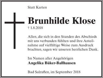Anzeige  Brunhilde Klose  Lippische Landes-Zeitung