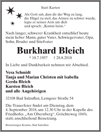 Anzeige  Burkhard Bleich  Lippische Landes-Zeitung