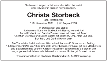 Anzeige  Christa Storbeck  Lippische Landes-Zeitung