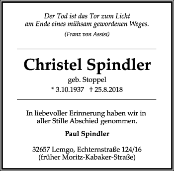 Anzeige  Christel Spindler  Lippische Landes-Zeitung