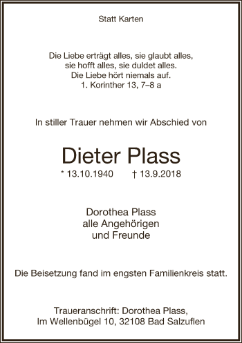 Anzeige  Dieter Plass  Lippische Landes-Zeitung