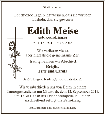 Anzeige  Edith Meise  Lippische Landes-Zeitung