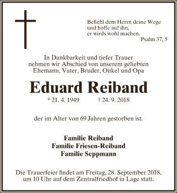 Anzeige  Eduard Reiband  Lippische Landes-Zeitung