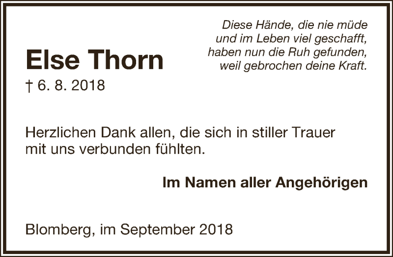  Traueranzeige für Else Thorn vom 15.09.2018 aus Lippische Landes-Zeitung