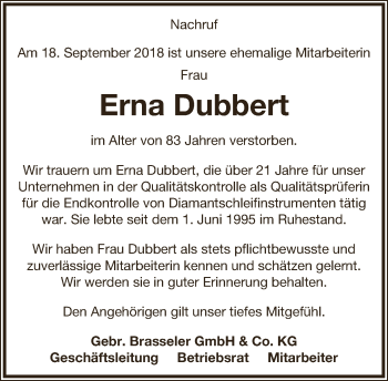 Anzeige  Erna Dubbert  Lippische Landes-Zeitung
