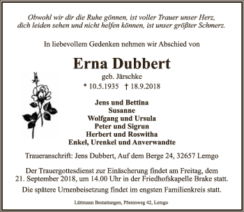 Anzeige  Erna Dubbert  Lippische Landes-Zeitung