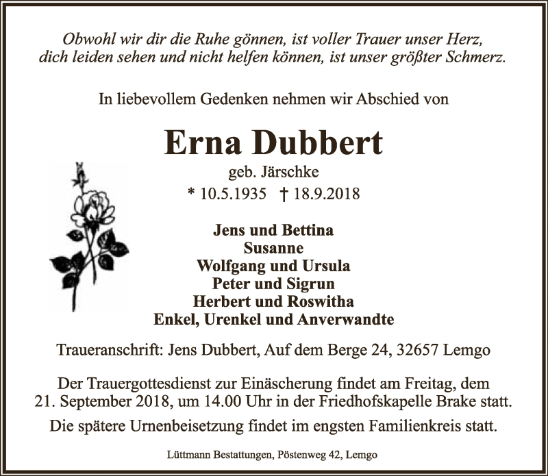 Traueranzeige für Erna Dubbert vom 19.09.2018 aus Lippische Landes-Zeitung