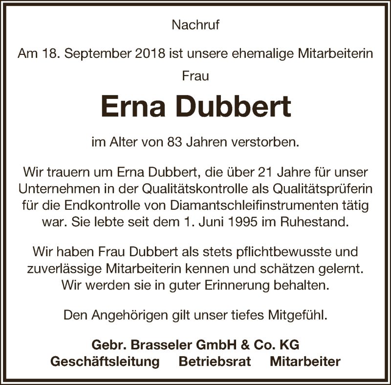  Traueranzeige für Erna Dubbert vom 20.09.2018 aus Lippische Landes-Zeitung