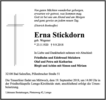 Anzeige  Erna Stickdorn  Lippische Landes-Zeitung