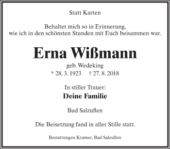 Anzeige  Erna Wißmann  Lippische Landes-Zeitung