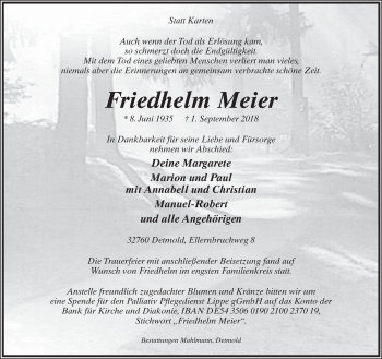 Anzeige  Friedhelm Meier  Lippische Landes-Zeitung