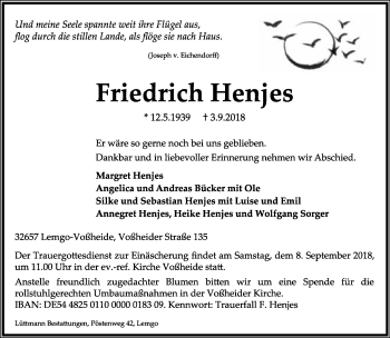 Anzeige  Friedrich Henjes  Lippische Landes-Zeitung