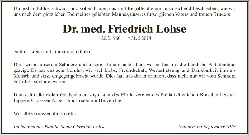  Traueranzeige für Friedrich Lohse vom 29.09.2018 aus Lippische Landes-Zeitung