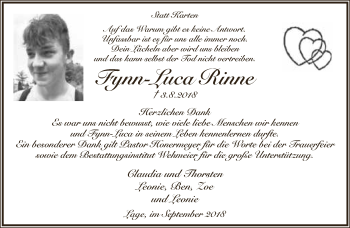 Anzeige  Fynn-Luca Rinne  Lippische Landes-Zeitung