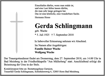 Anzeige  Gerda Schlingmann  Lippische Landes-Zeitung