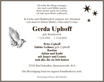 Anzeige  Gerda Uphoff  Lippische Landes-Zeitung