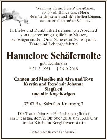 Anzeige  Hannelore Schäfernolte  Lippische Landes-Zeitung