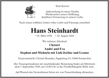 Anzeige  Hans Steinhardt  Lippische Landes-Zeitung