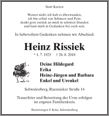 Anzeige  Heinz Rissiek  Lippische Landes-Zeitung