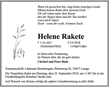 Anzeige  Helene Rakete  Lippische Landes-Zeitung
