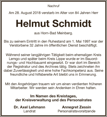 Anzeige  Helmut Schmidt  Lippische Landes-Zeitung