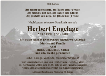 Anzeige  Herbert Engelage  Lippische Landes-Zeitung