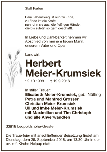 Anzeige  Herbert Meier-Krumsiek  Lippische Landes-Zeitung