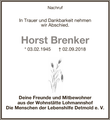 Anzeige  Horst Brenker  Lippische Landes-Zeitung
