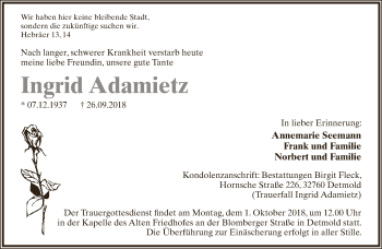Anzeige  Ingrid Adamietz  Lippische Landes-Zeitung