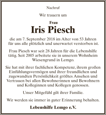 Anzeige  Iris Piesch  Lippische Landes-Zeitung