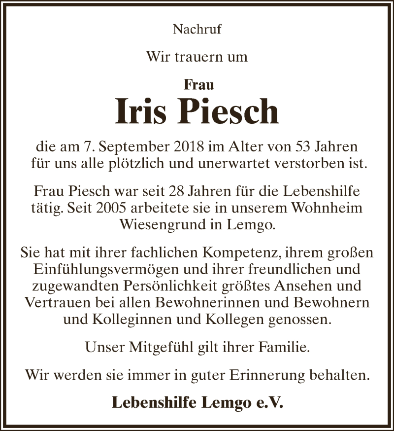  Traueranzeige für Iris Piesch vom 17.09.2018 aus Lippische Landes-Zeitung